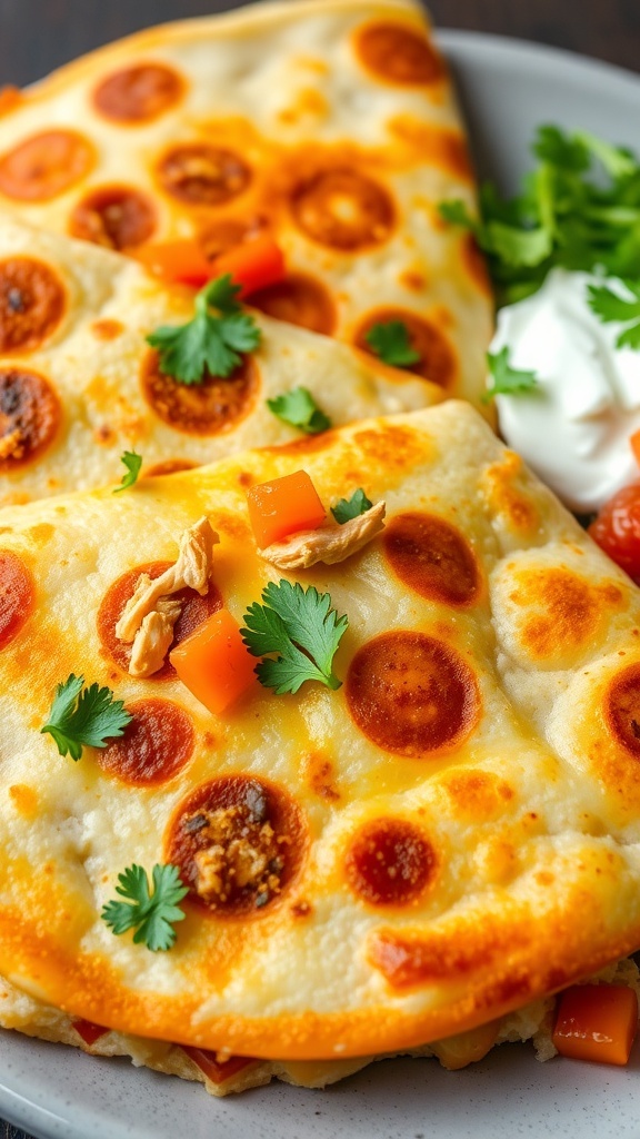 Cheesy chicken quesadilla cut into wedges, served with salsa and sour cream.